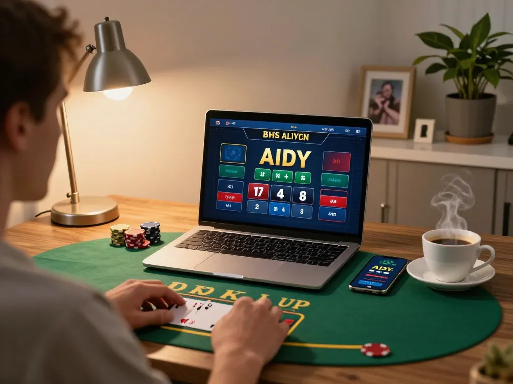 Experience the thrills of PLANET88 with live dealer blackjack on a laptop in a cozy home office.