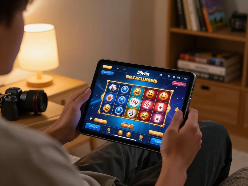 Player enjoying the 56win casino experience on a tablet at home in a cozy environment