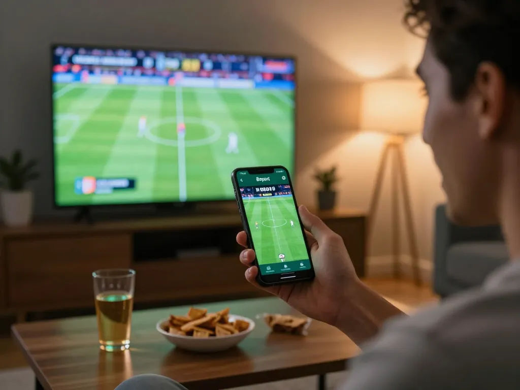 Excited bettor using Bsport app for live sports betting during a game in a cozy living room.