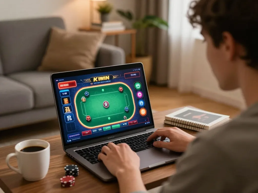 Player engaging with KKWIN online casino on laptop, showcasing immersive gaming experience.