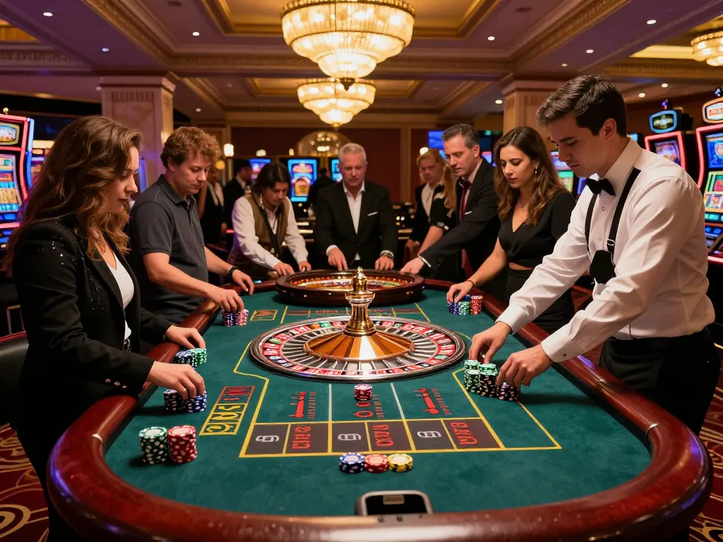 Experience the excitement at FABET's roulette table with players anticipating their bets and vibrant decor.