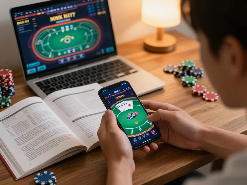 Person playing du88 mobile poker game on smartphone, showcasing vibrant gaming action in warm home office.