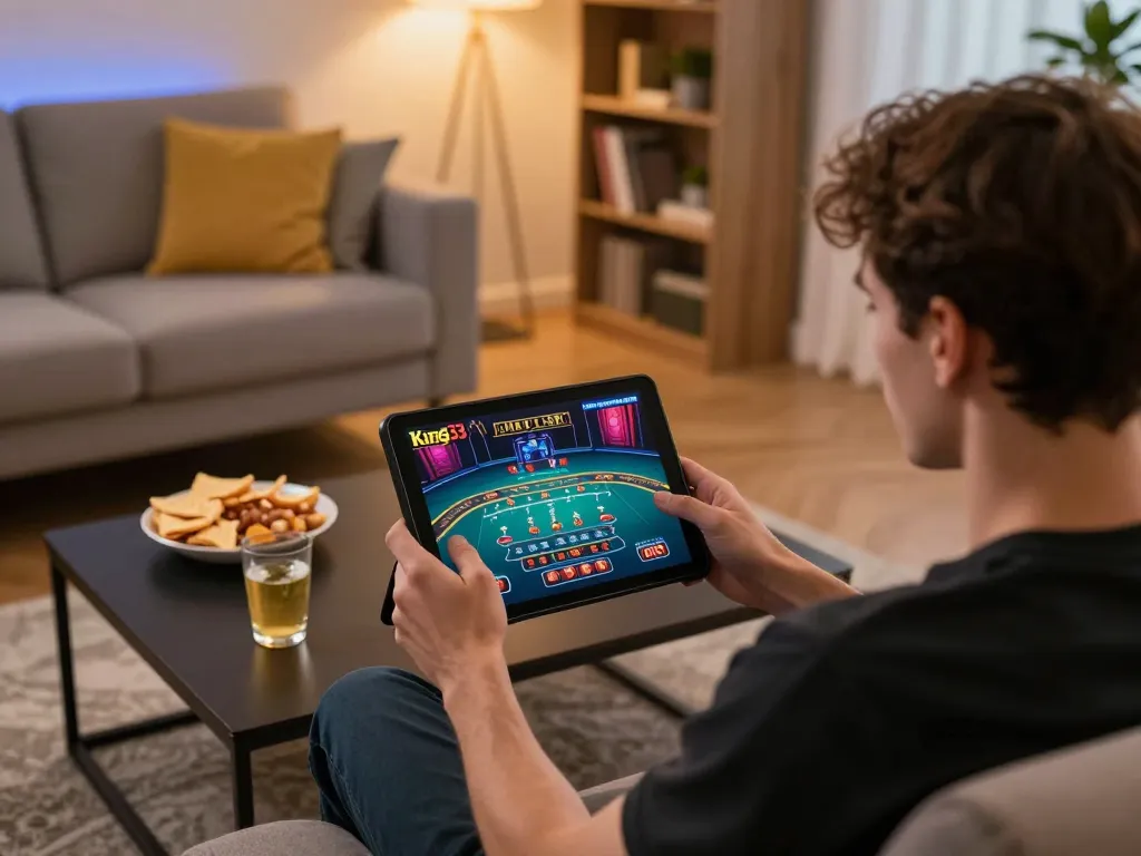 Engaged player enjoying King33 online gaming session on tablet, snacks nearby, cozy home atmosphere.