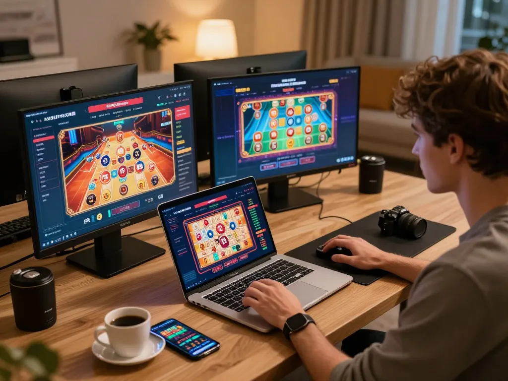 Player engaging with multiple screens showcasing exciting xo88 casino games at home
