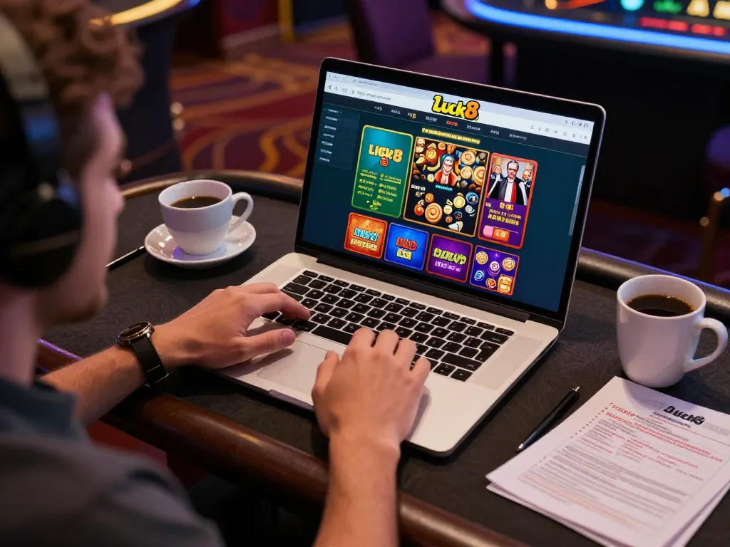 Luck8 player engaging in online casino gaming with a laptop, showcasing a vibrant home setup.