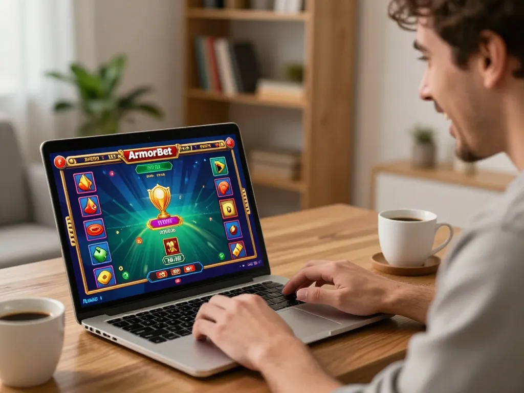 Pemain menikmati permainan armorbet di laptop dalam suasana rumah yang nyaman, terlibat dengan grafik dan permainan yang menarik.