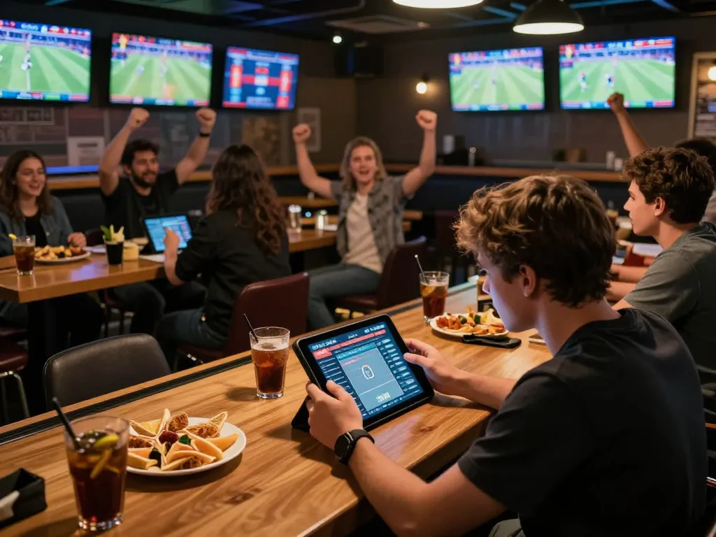 Engaging sports betting scene showcasing a user analyzing live games on Cakhiatv with friends celebrating in the background.