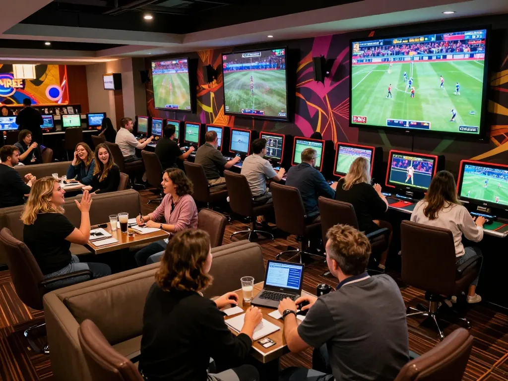 Sports betting excitement at MM88 casino with patrons engaged in live wagering.