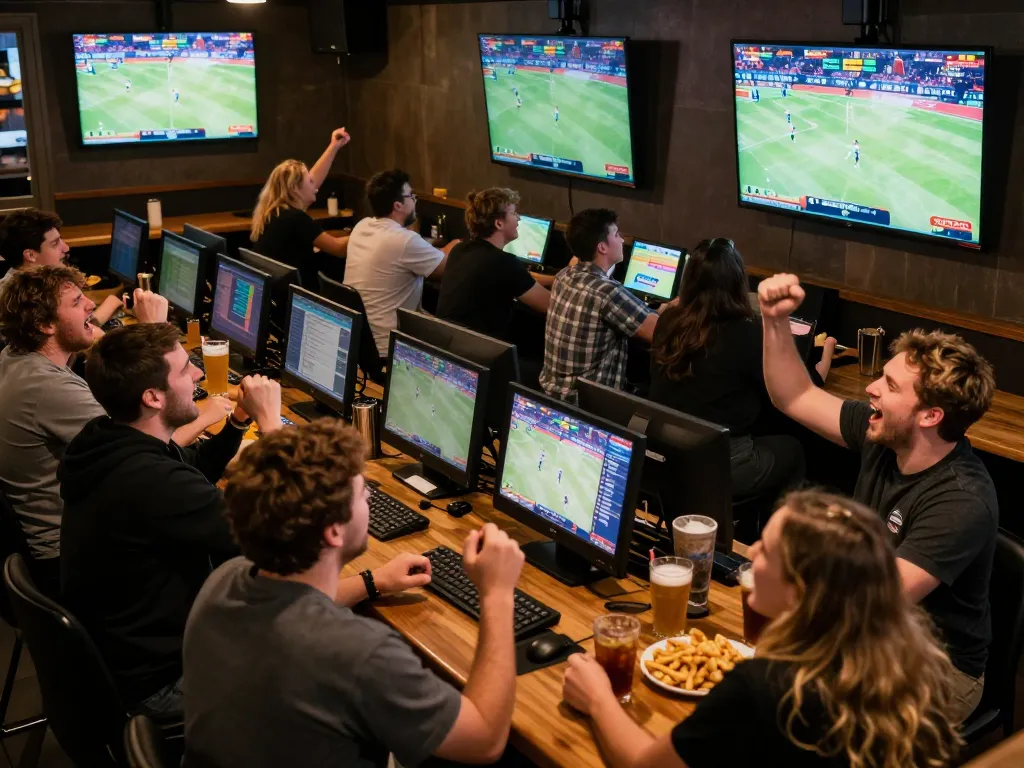 Engaging moment of sports fans celebrating hm88 bet outcomes in a lively sports bar atmosphere