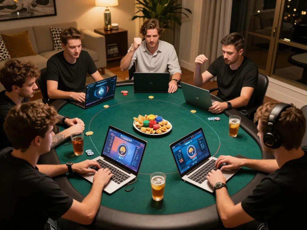 Players enjoying vipwin online poker in a cozy home setting with vibrant graphics on screens.