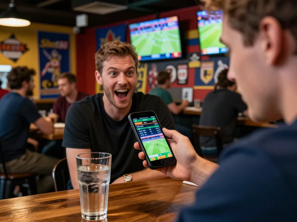 Sports bettor using sbobet88 app at a lively sports bar, capturing the excitement of live betting.