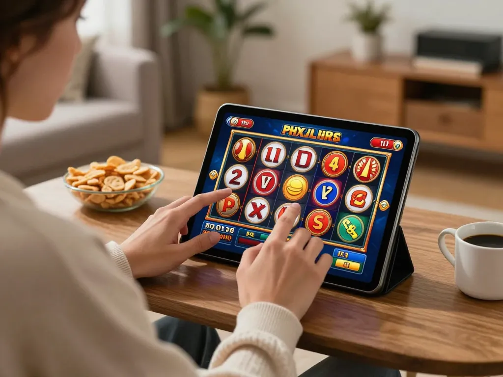 Memainkan slot di tablet di rumah, menampilkan hiburan kasino online jus77.