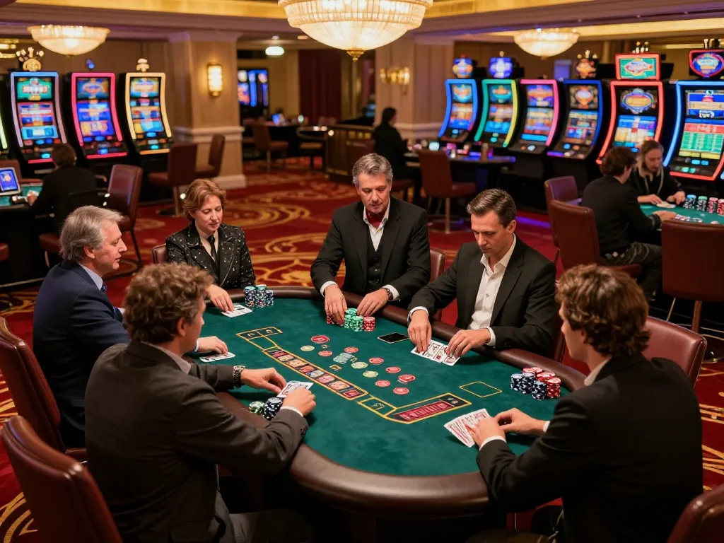 Experience the thrill of winning at okking blackjack table with players intensely focused on the game.