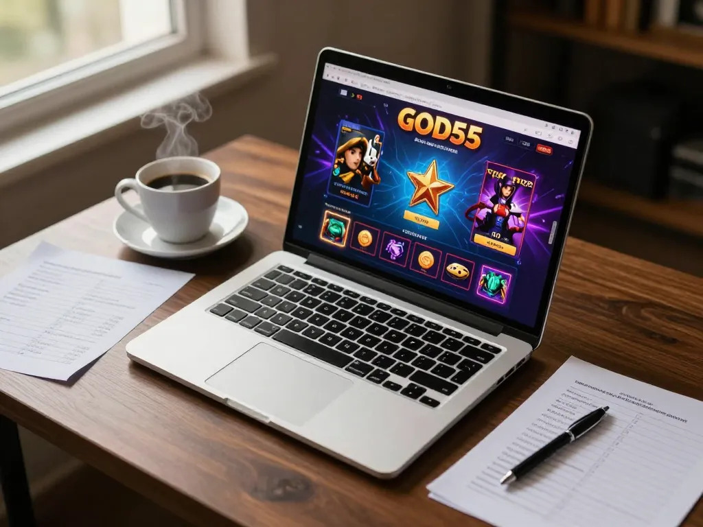 Engaging with God55 casino online, showcasing a laptop with vibrant game graphics and strategic notes.
