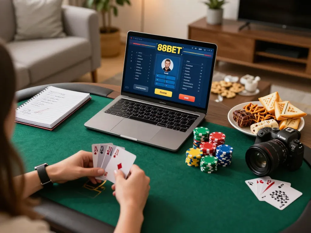 Player enjoying online poker game on 88BET platform in a cozy home setting