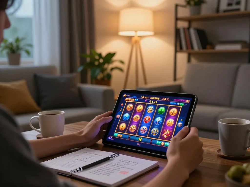 Engaging online gaming scene with kdslot on a tablet, warm lighting and cozy atmosphere