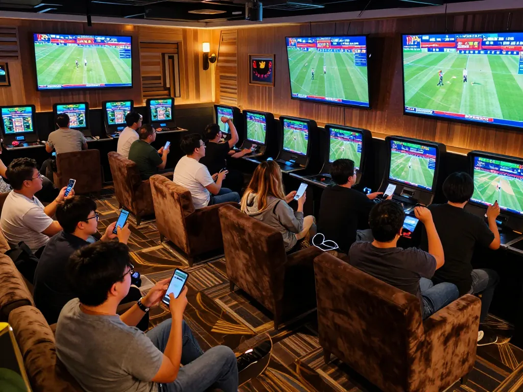 Gamblers engaging with kèo bóng đá hôm nay in an upscale sports betting lounge with lively atmosphere.