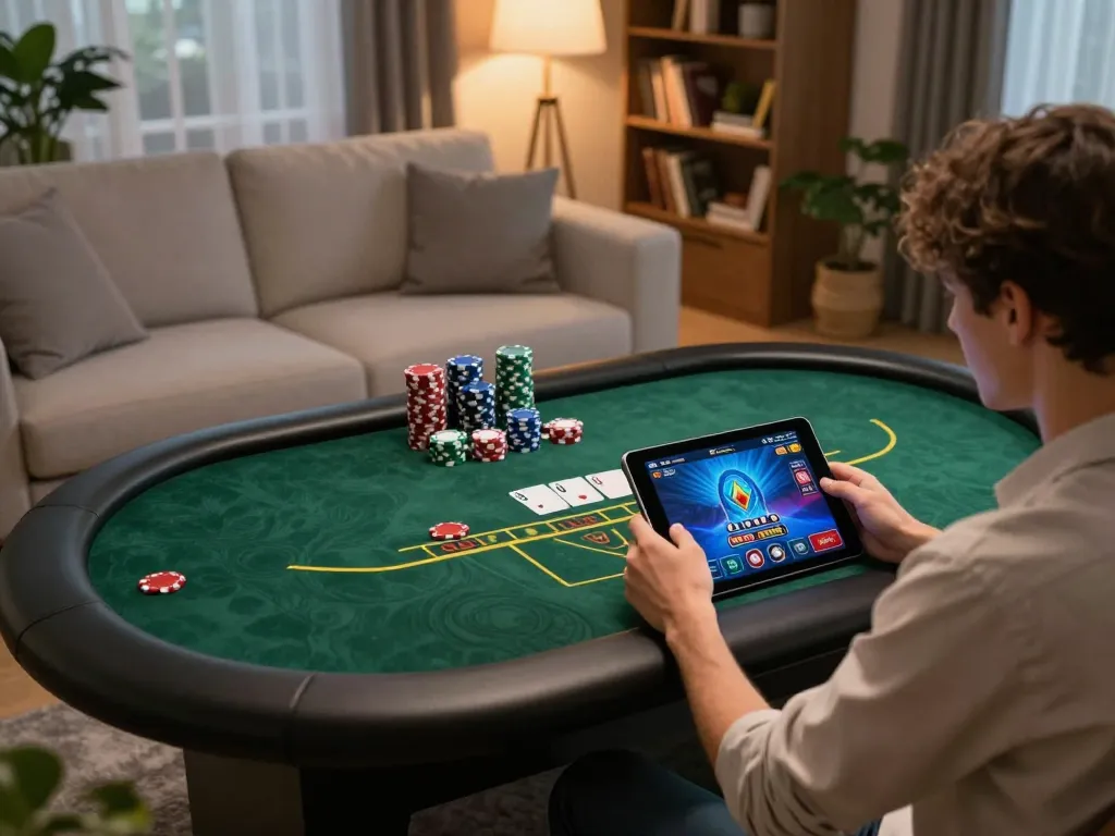 Player engaged in online casino gaming with Hi88 on a tablet, comfortable home atmosphere.
