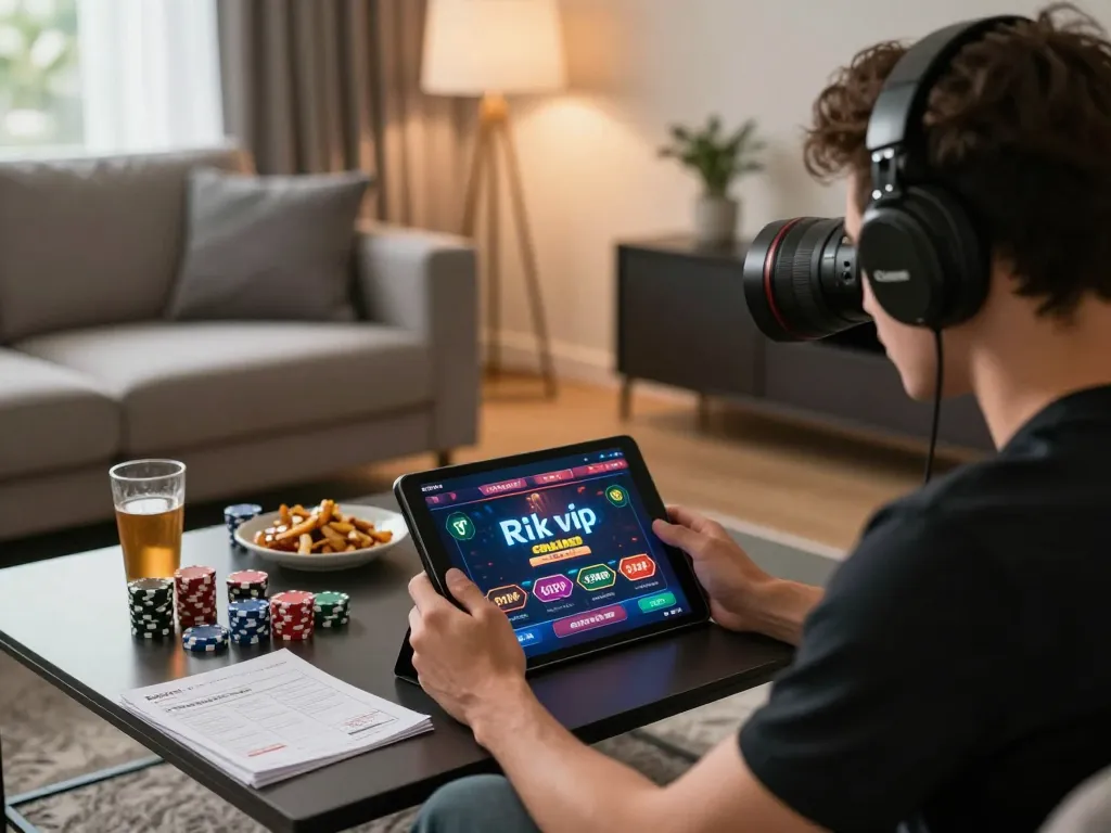 Person engaged in a thrilling online gaming session at rik vip, focused on tablet interface with poker chips and strategy notes.