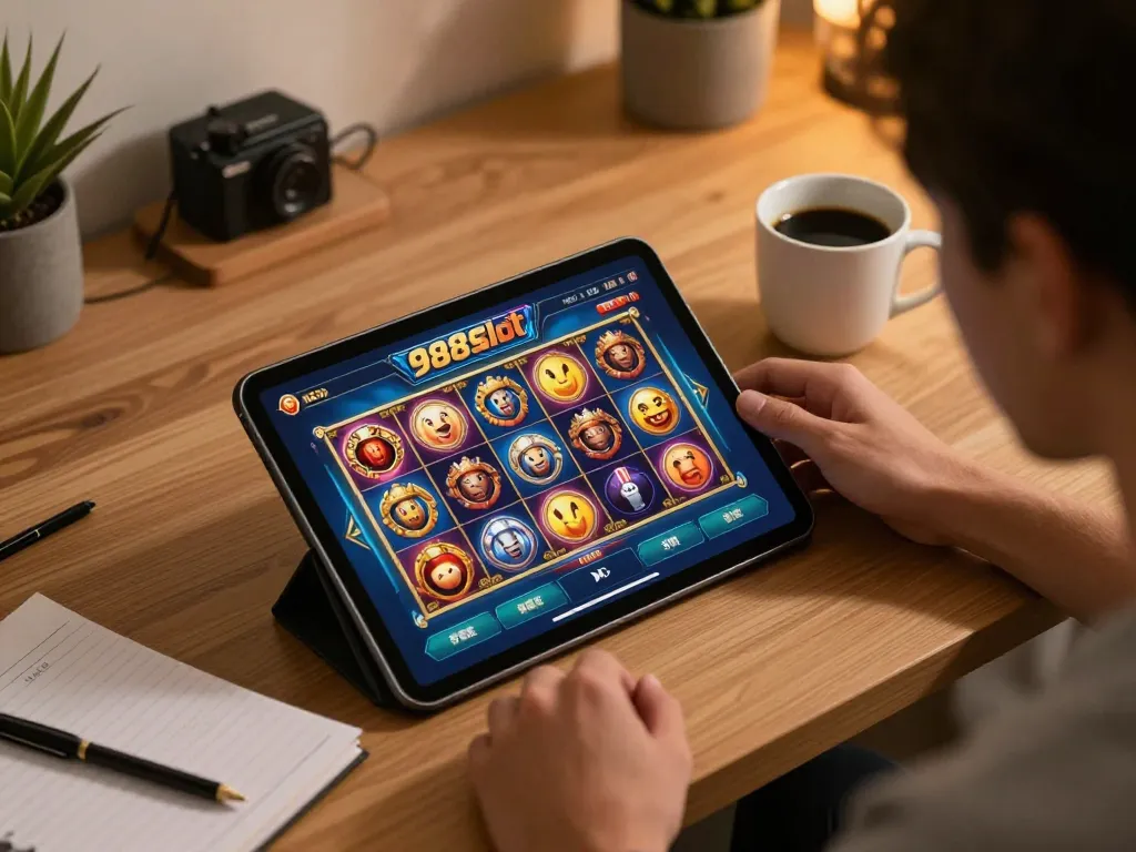 Engaging player immersed in 988slot gaming experience on tablet, with strategic notes and relaxed atmosphere.