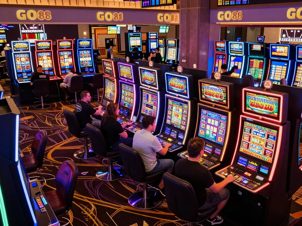 Players celebrating big wins at GO88 slot machines in a vibrant casino atmosphere