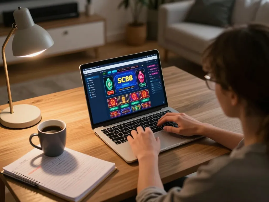 Player engaging in SC88 online casino gaming from home, showcasing strategy notes and dynamic interface.