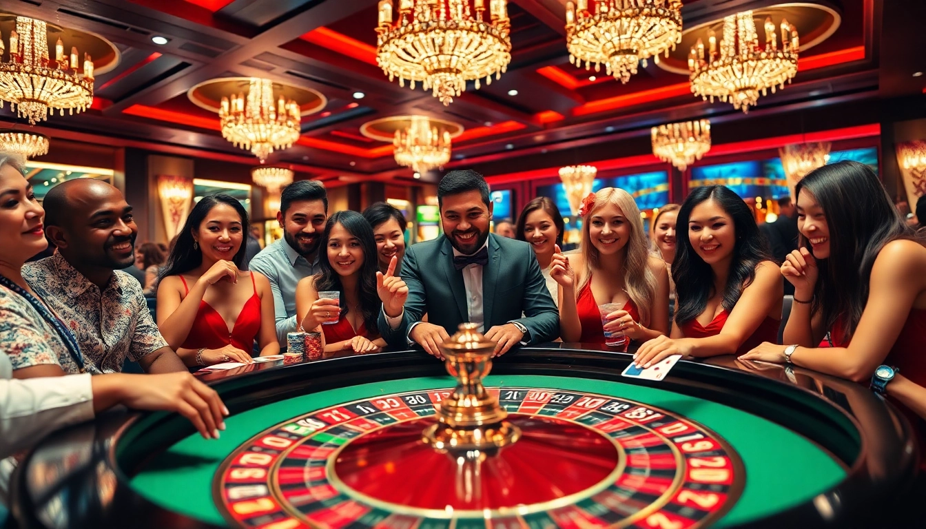 Casinospielen in einem lebhaften Casino mit Spielern am Roulettetisch und bunten Chips.