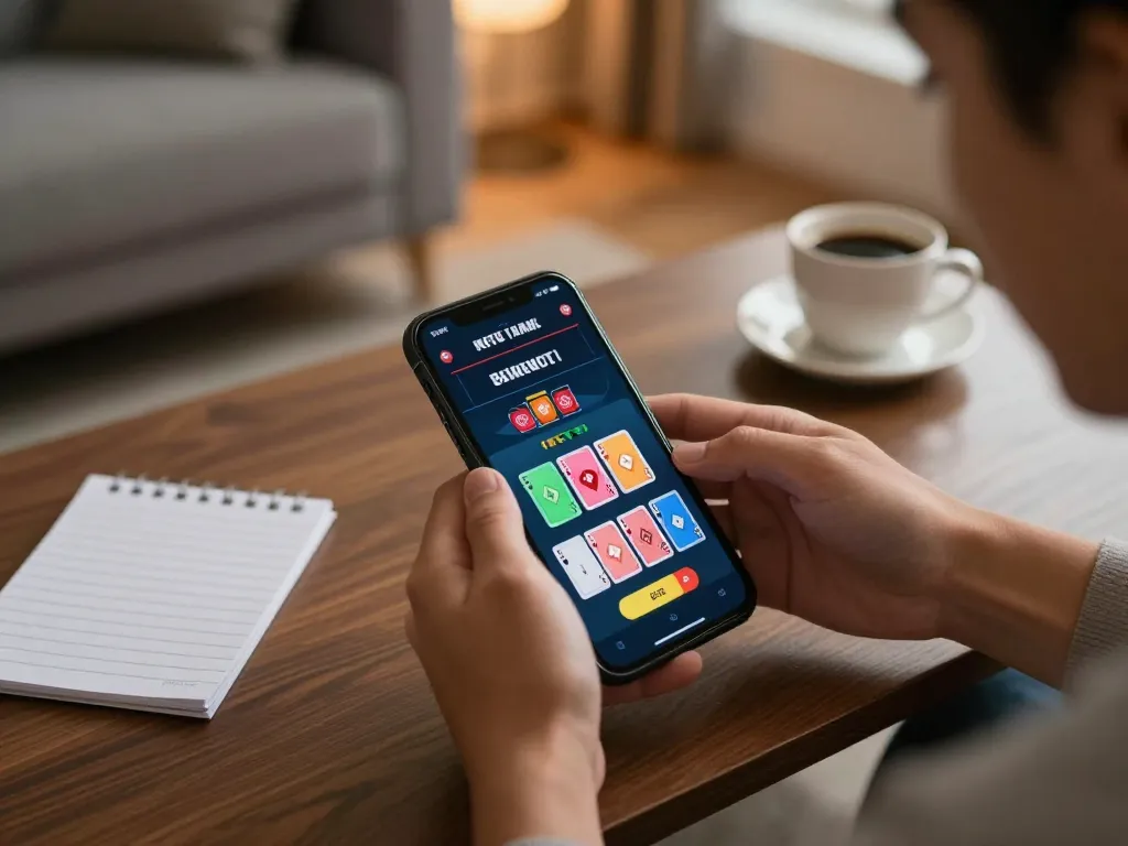Engaging scene showing an individual playing on luckyindex mobile app with blackjack cards on screen in cozy home setting.