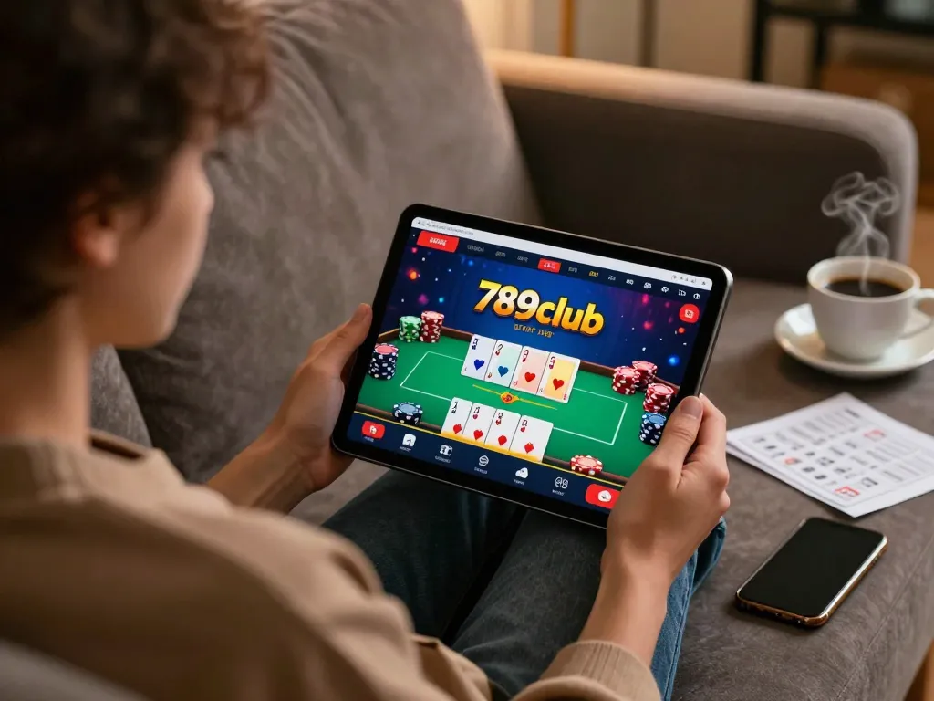 Playing poker on the 789club app using a tablet in a cozy home setting.