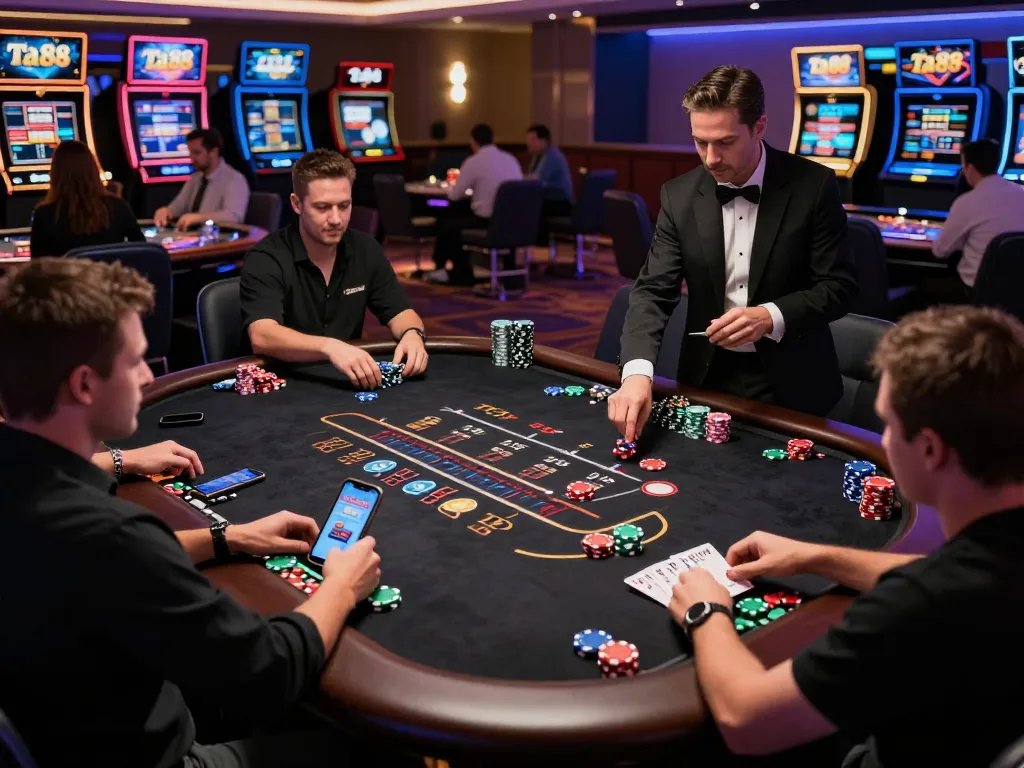 Players enjoying an engaging game at ta88 online casino, with vibrant chips and professional dealers enhancing the experience.