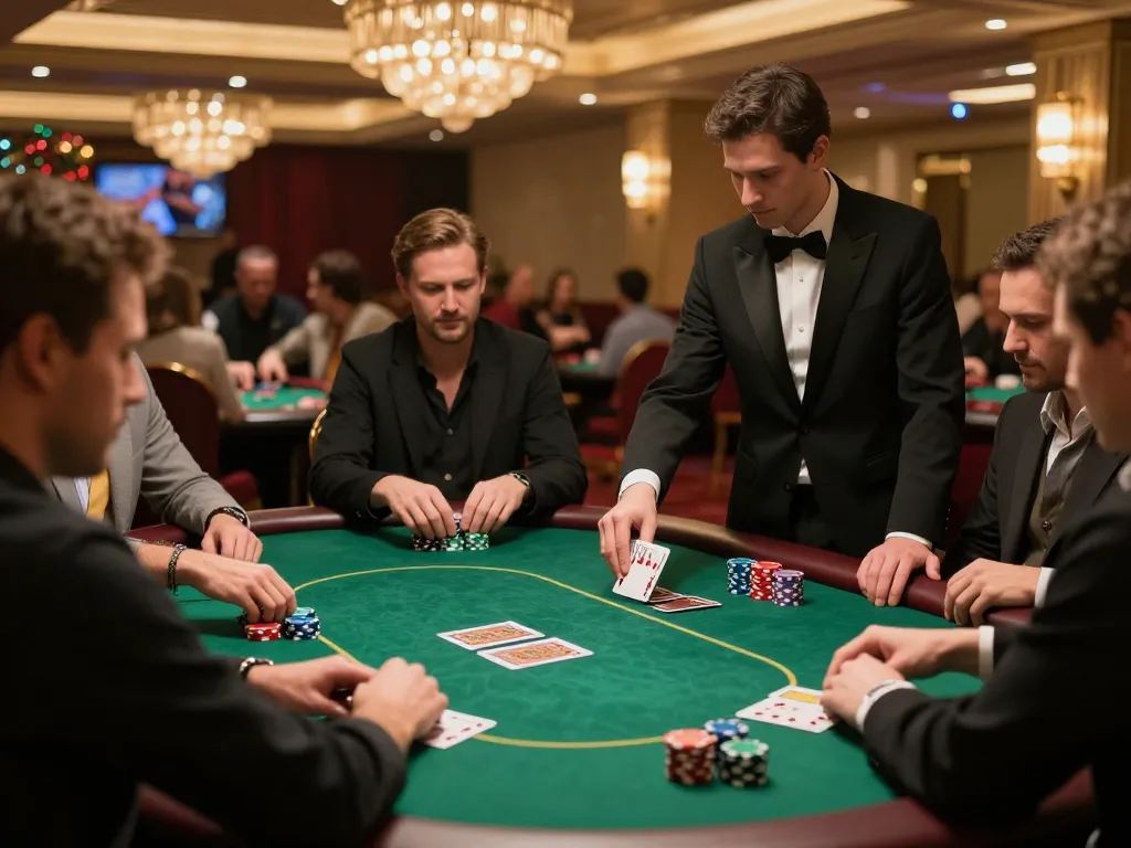 Engaging poker game at rik vip's luxurious casino, players focused on winning moves amid lively atmosphere