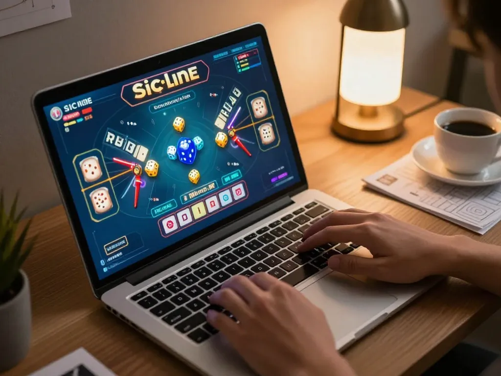 Sicbo Online gameplay on a laptop in a cozy home setting, showing live dice action and strategy notes.