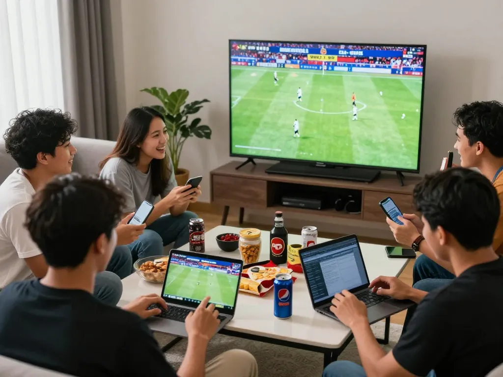 Group of friends enjoying Judi Bola betting while watching a football match together.