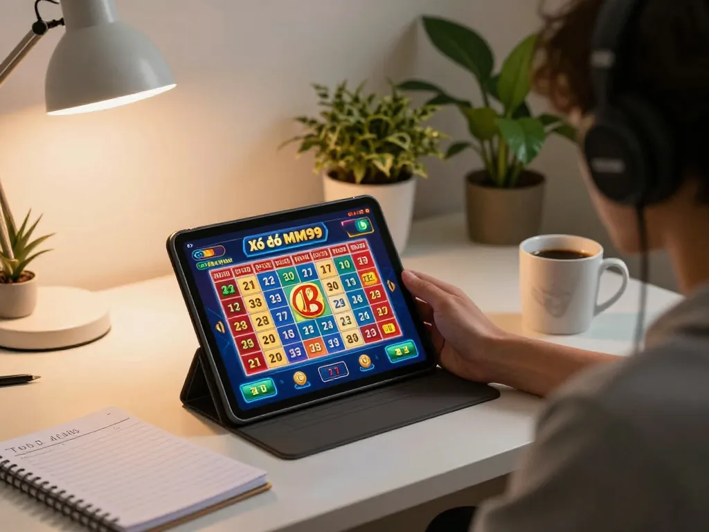 Xổ Số MM99 player engaged in online lottery gaming at home with tablet and strategy notes