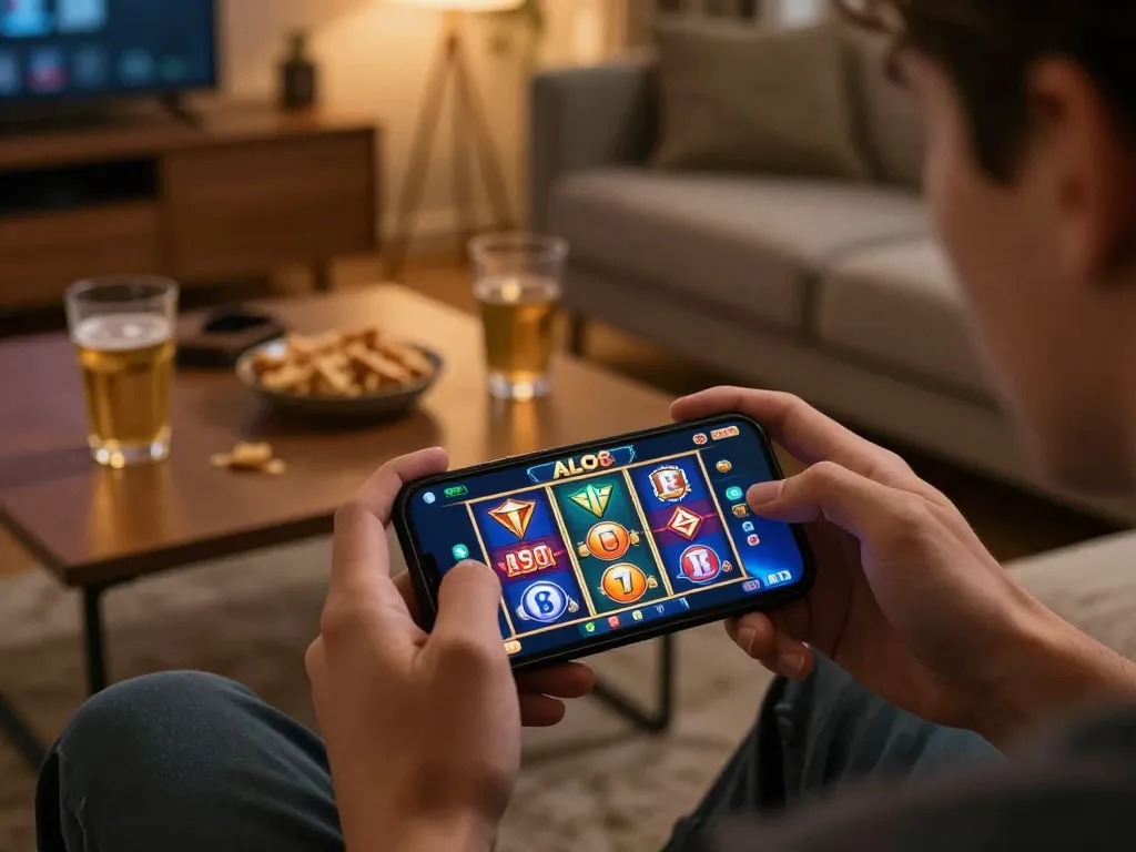Player enjoying Alo8 mobile casino app on smartphone in a cozy home setting.