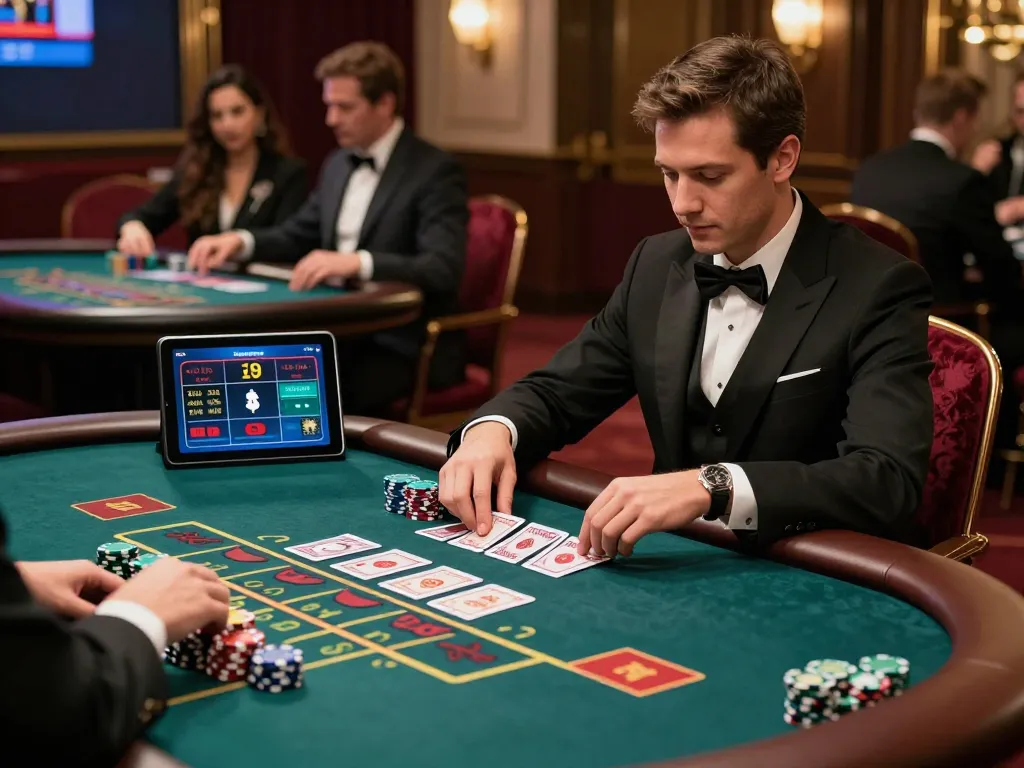 Player engaging with free credit baccarat at a luxurious casino table with colorful chips and vibrant cards, showcasing live dealer action.