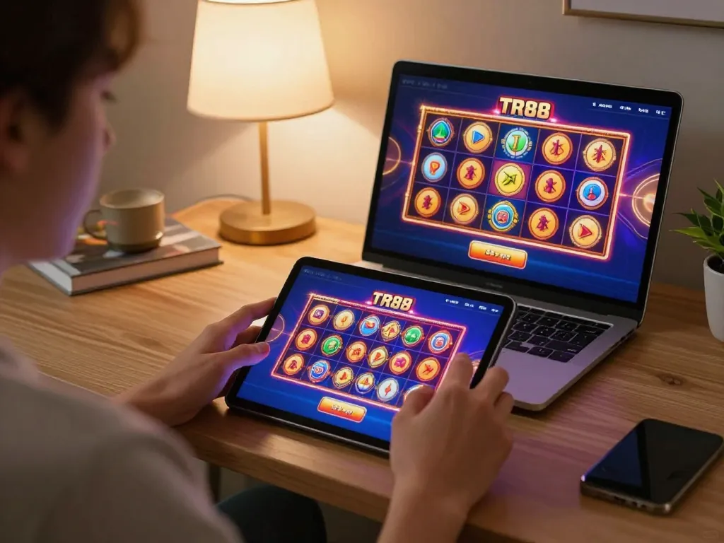 Engaging in online gaming at TR88 casino app on tablet, showcasing responsible gambling practices.
