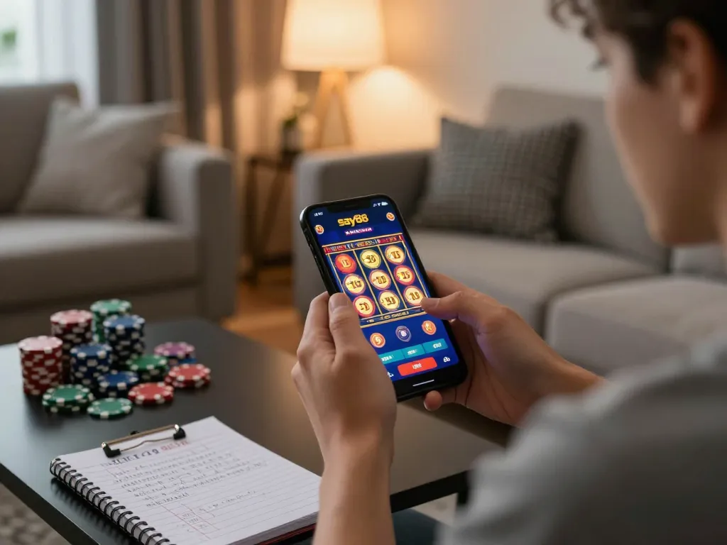 Player enjoying say88's casino app on smartphone, showcasing slot gaming action at home