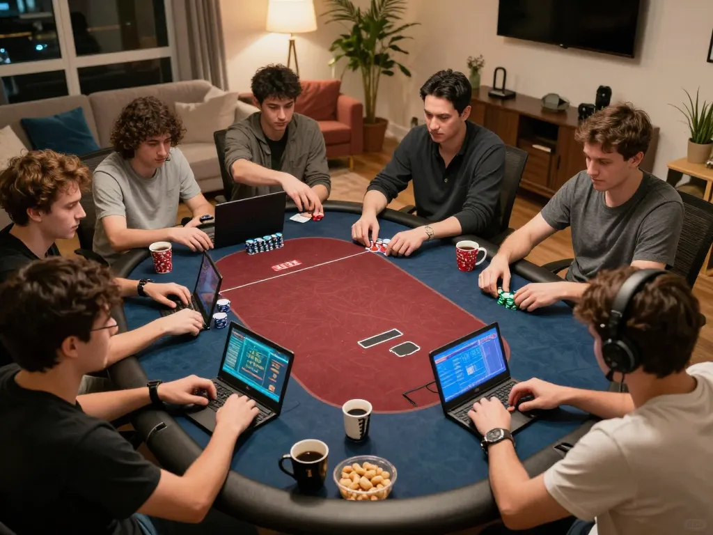 Players enjoying online poker at home in a cozy atmosphere, showcasing the go8 gaming experience.