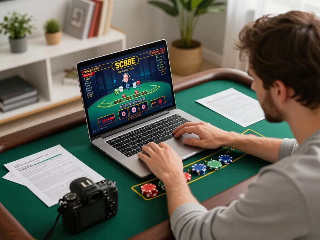 Player engaging with SC88E's live dealer blackjack game, showcasing strategic betting and home gaming ambiance.