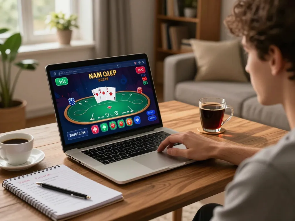 Player engaging in poker at home while using the go8 online casino, showcasing strategic gameplay.