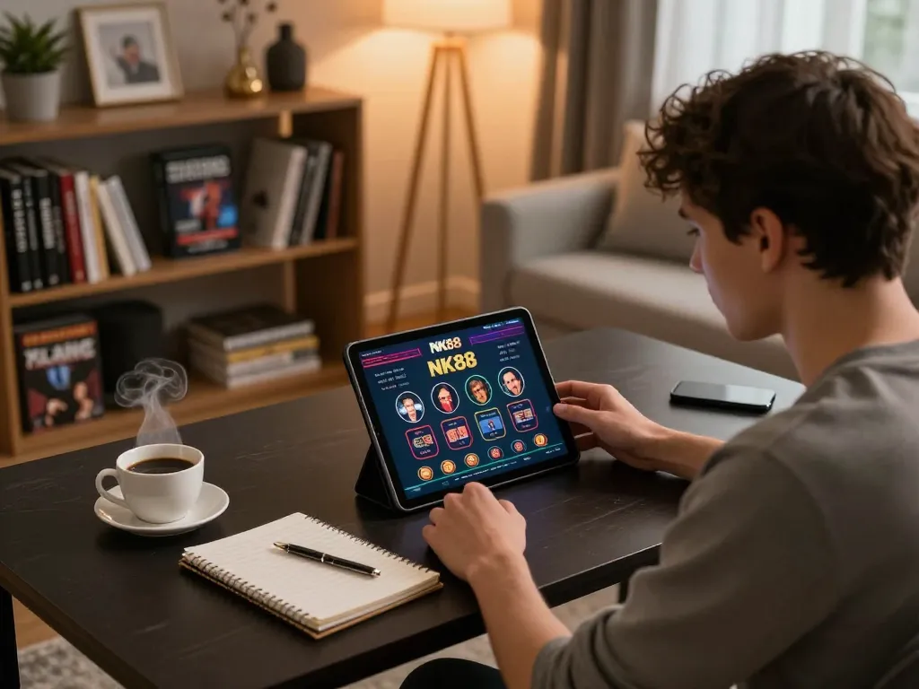 Engaging with NK88 online casino on a tablet in a stylish home office environment, showcasing responsible gaming.