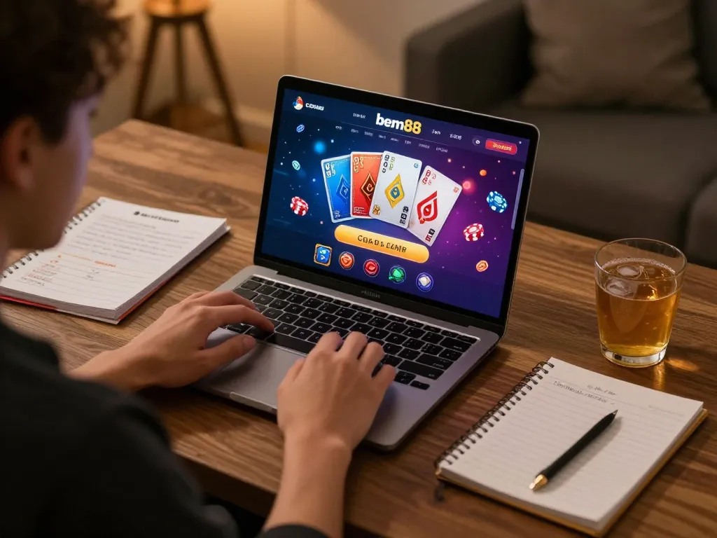 Player enjoying a dynamic bem88 online casino experience on laptop, showcasing excitement in gameplay.