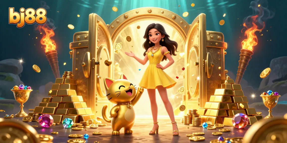 Experience the vibrant world of bj88 casino with gold and treasures floating around a cheerful woman.
