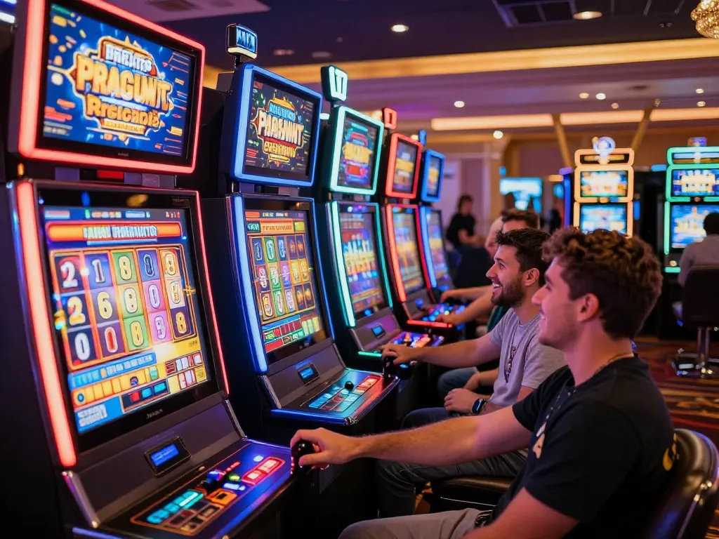 Player engaging with a colorful Pragmatic Slot machine in a lively casino atmosphere, celebrating a win.