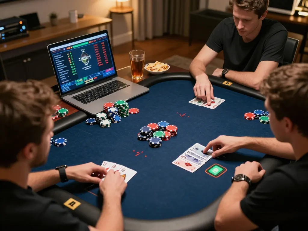 Engaged players at an online poker game on 11-hd platform, showcasing vibrant chips and cards in a cozy atmosphere.