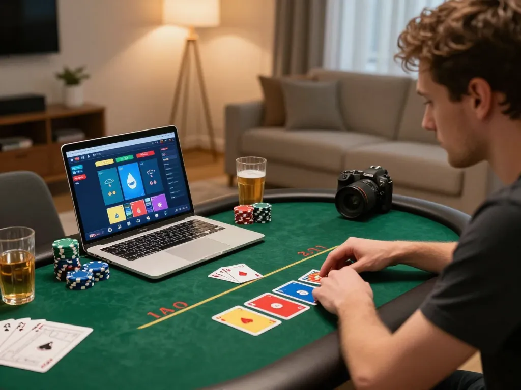 Player concentrating on a poker game interface while using the m116 online gambling app in a cozy home setting.