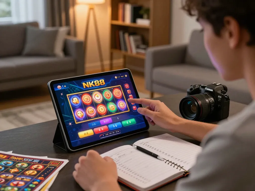 Player analyzing strategies on NK88 casino app while enjoying a cozy home environment