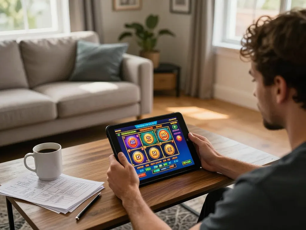 Engaged player exploring Pragmatic Slot games on a tablet in a cozy living room setting.