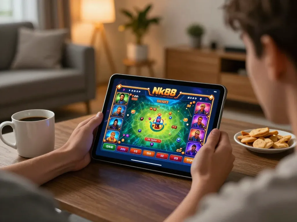 Experience thrilling gameplay on Nk88's app in a cozy home gaming setup